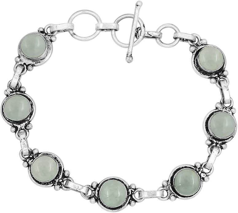 Round Shape Natural & Synthetic Gemstones Silver Plated Bracelets for Women - Vintage Bohemian Style Handmade Birthstone Adjustable Link Bracelet Jewelry Gifts for Wedding Anniversary Mother's Day