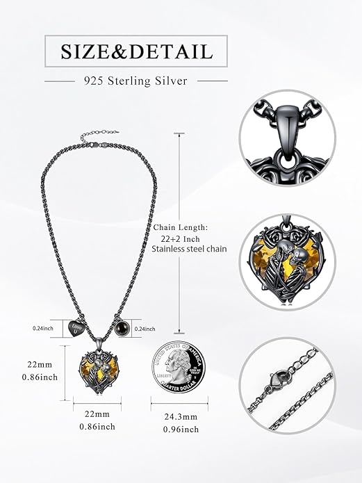Flpruy 925 Sterling Silver Black Gothic Jewelry Gifts Skeleton Couple Pendant Crystal Birthstone Heart Necklace Punk Romantic Jewelry for Lover Men Women