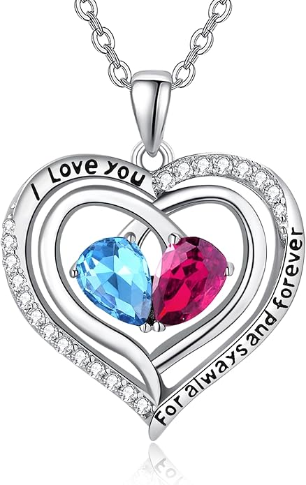 Zeuslia Double Birthstone Necklace Gifts for Wife - 925 Sterling Silver Sunflower/Rose/Crown Cross/Compass/Heart Pendant I Love You Necklace, Anniversary Birthday Gifts for Wife Girlfriend Mom Her