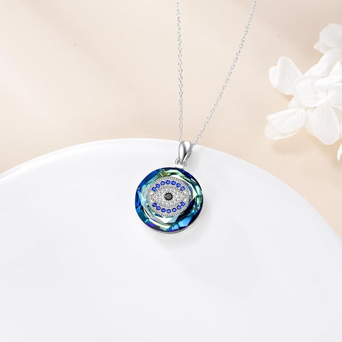 YFN Evil Eye Pendant Necklace for Women 925 Sterling Silver Greek Protection Jewelry with Blue Sapphire and Black Cz Amulet Gift