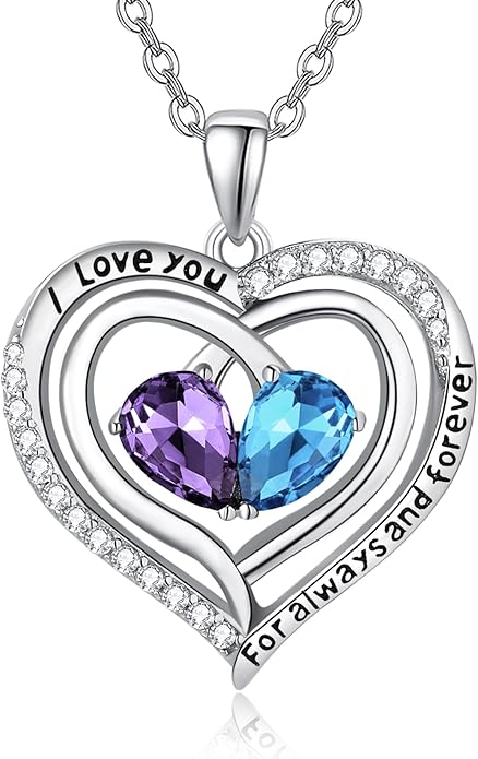 Zeuslia Double Birthstone Necklace Gifts for Wife - 925 Sterling Silver Sunflower/Rose/Crown Cross/Compass/Heart Pendant I Love You Necklace, Anniversary Birthday Gifts for Wife Girlfriend Mom Her