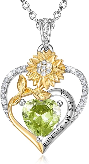 Zeuslia Double Birthstone Necklace Gifts for Wife - 925 Sterling Silver Sunflower/Rose/Crown Cross/Compass/Heart Pendant I Love You Necklace, Anniversary Birthday Gifts for Wife Girlfriend Mom Her