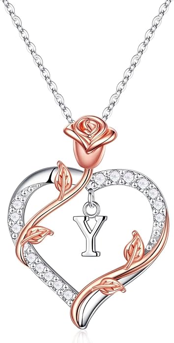 Rose Heart Initial Necklace Gifts for Women Girls, Letter Pendant Necklaces for Women Jewelry Anniversary Birthday Gifts for Her Wife Girlfriend Teen Girls