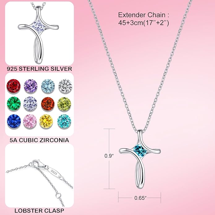 NINAMAID Cross Necklace for Women, 925 Sterling Silver Birthstone Necklace for Women with Diamond Sideways Cross Necklaces Birthstone Jewelry Birthday Gifts for Womens