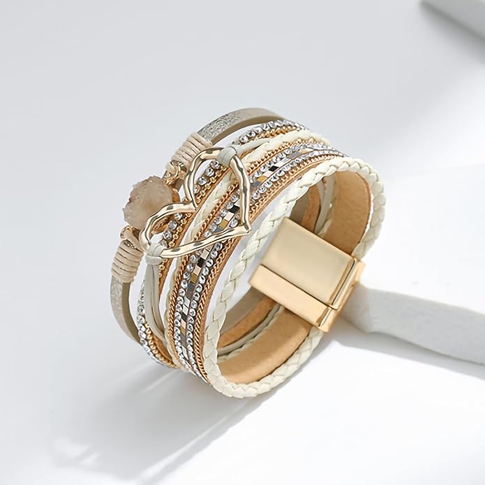 Fesciory Leopard Bracelet for Women, Boho Leather Wrap Multi-Layer Pearl Crystal Bracelet Bangle Jewelry