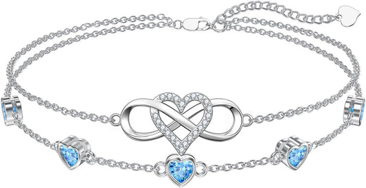 Dorunmo 925 Sterling Silver Infinity Heart Birthstone Anklet Bracelets for Women Best Mother's Day Birthday Jewelry for Wife Girlfriend Mom Her