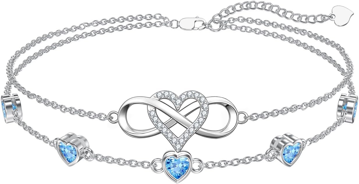 Dorunmo 925 Sterling Silver Infinity Heart Birthstone Anklet Bracelets for Women Best Mother's Day Birthday Jewelry for Wife Girlfriend Mom Her