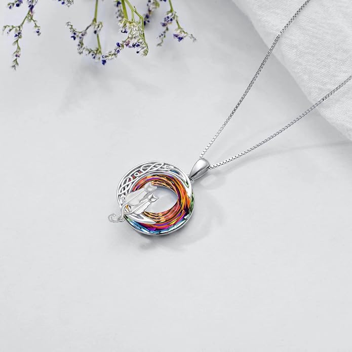TOUPOP Christmas Cat Gifts for Cats Lovers One Two Three Four Cats Necklace Sterling Silver Cats on the Moon Pendant Necklace with Blue Circle Crystal Birthday Christmas Celtic Jewelry Gifts for Women
