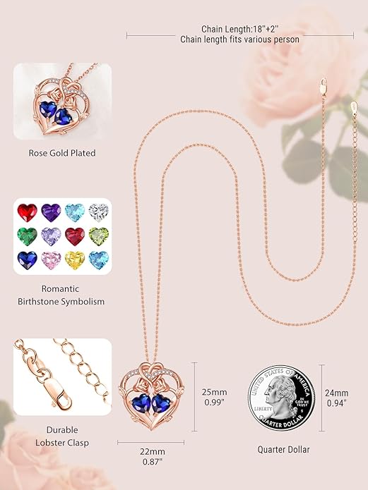 Rose Gold Necklaces for Women Double Birthstone Rose Flower Heart Pendant Necklace Jewelry Anniversary Christmas Valentine's Mother's Day Birthday Gift for Wife Mom Her Girlfriend Sister