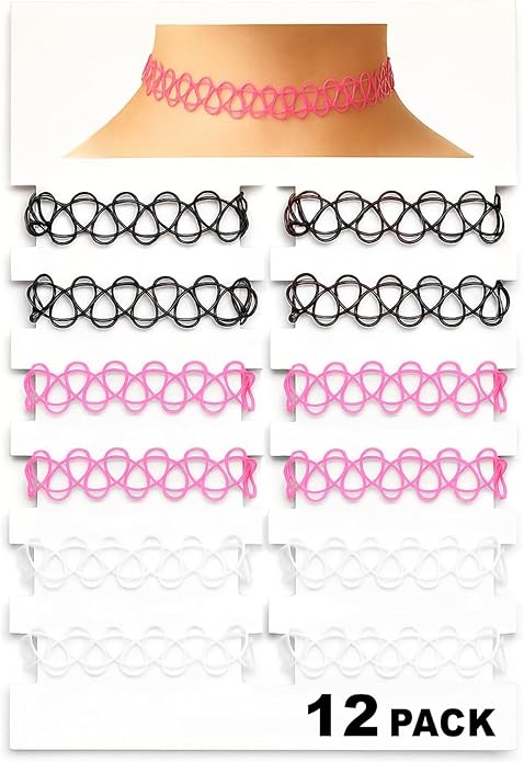 BodyJ4You 12PC Tattoo Choker Necklace - 90s Accessories 2000s Jewelry Y2K Fashion Vintage Trendy - Rainbow Goth Black Pink Green Blue White - Adjustable Stretchy Elastic Necklace Summer Vacation Set