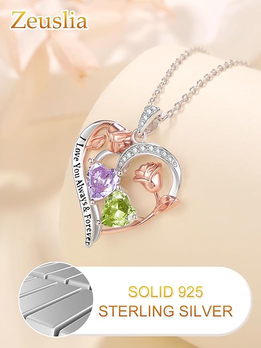 Zeuslia Double Birthstone Necklace Gifts for Wife - 925 Sterling Silver Sunflower/Rose/Crown Cross/Compass/Heart Pendant I Love You Necklace, Anniversary Birthday Gifts for Wife Girlfriend Mom Her