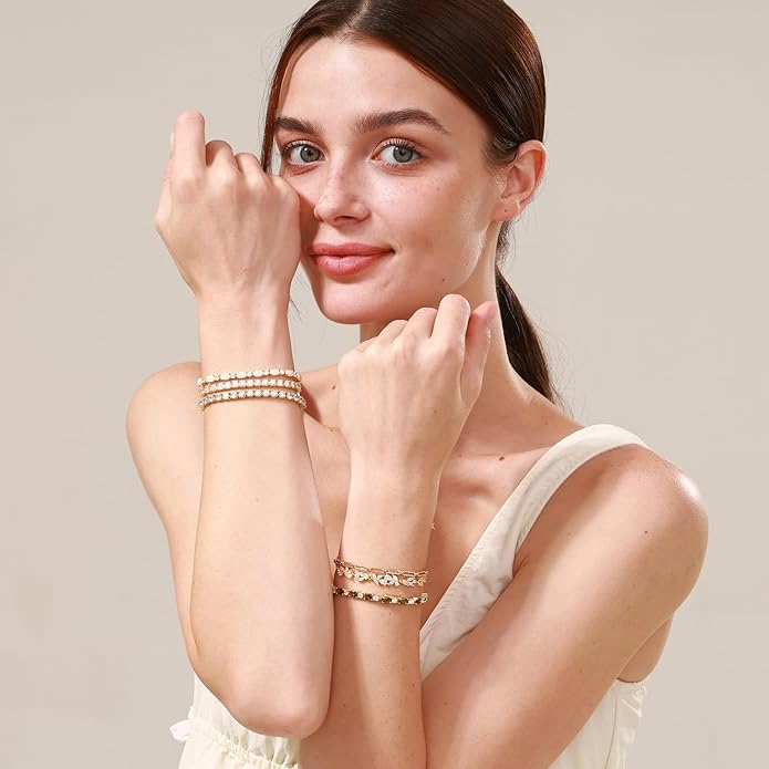 FANCIME 14K Gold Plated Birthstone Bracelets 4mm Sterling Silver Tennis Bracelets Gold Bracelets Birthday Jewelry Gifts for Women 7"