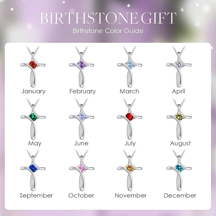 NINAMAID Cross Necklace for Women, 925 Sterling Silver Birthstone Necklace for Women with Diamond Sideways Cross Necklaces Birthstone Jewelry Birthday Gifts for Womens