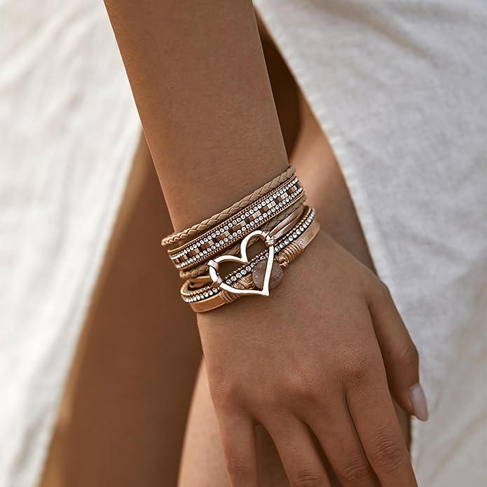 Fesciory Leopard Bracelet for Women, Boho Leather Wrap Multi-Layer Pearl Crystal Bracelet Bangle Jewelry