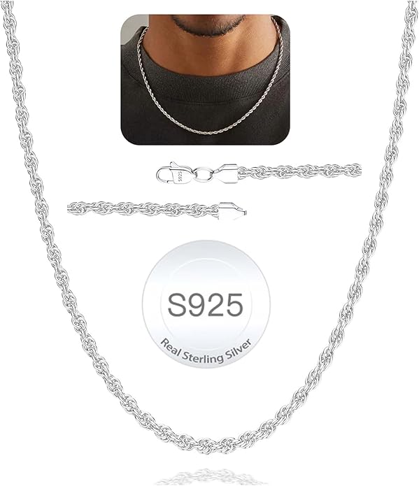 Avotto 925 Sterling Silver Solid 2.5mm 3mm Rope Chain Necklace for Men Boys, Sturdy Non-Fading Mens Boys Silver Chain Jewelry Gifts for Him 14/16/18/20/22/24 Inch