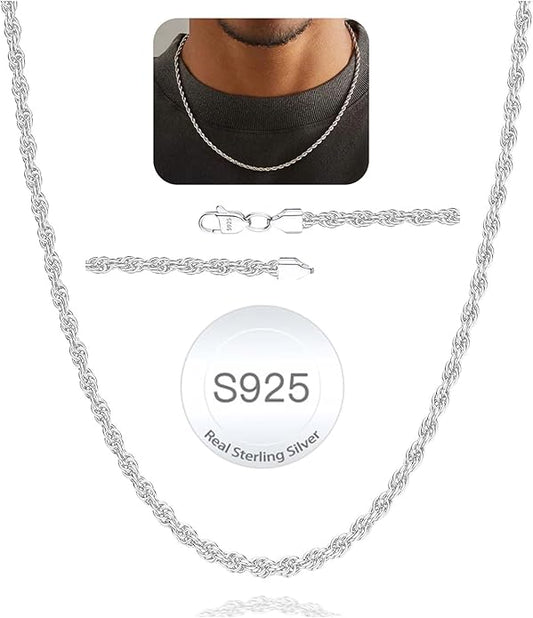 Avotto 925 Sterling Silver Solid 2.5mm 3mm Rope Chain Necklace for Men Boys, Sturdy Non-Fading Mens Boys Silver Chain Jewelry Gifts for Him 14/16/18/20/22/24 Inch