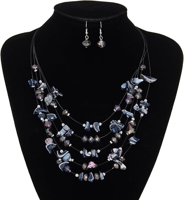Multi-Layer Boho Shell Beaded Necklace for Women Colorful Crystal Strand with Silver Beads Statement Collars Necklace and Earrings Costumes Jewelry Sets for Women