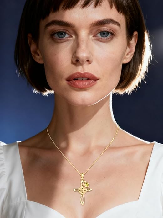 Witches Knot Necklace for Women, 14K Gold Celtic Knot Cross Jewelry with Triquetra Trinity with Birthstone Pendant, Birthday Witchy Spiritual Gifts for Her Wife Mom Grandma, 18+2 Inch Chain