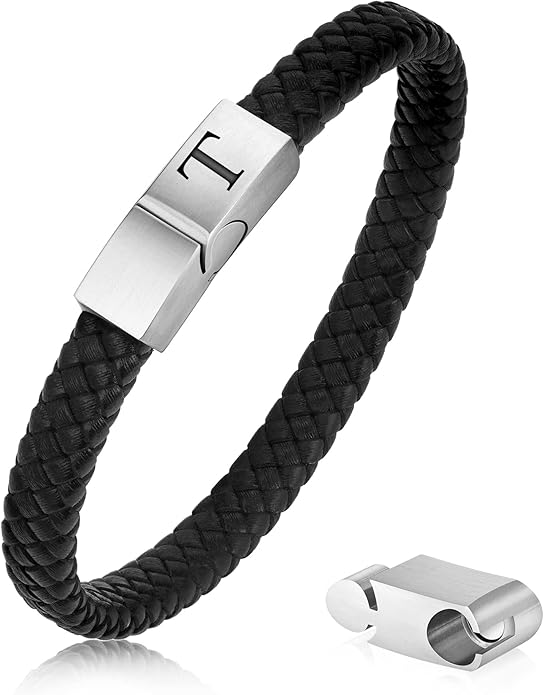 Leather Bracelets for Mens Gifts - Premium Genuine Leather Adjustable Stainless Steel Magnetic Clasp Mens Initial Bracelet, Unique Gifts for Men Husband Dad Son