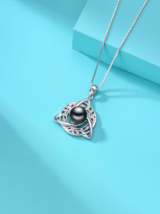 KANNSOAR Tahitian Black Pearl AAAA 18K White Gold Plated Sterling Silver Leaf Celtic Knot Pendant Necklace for Women Wife Mom Girlfriend Her Jewelry Gift for Anniversary Birthday