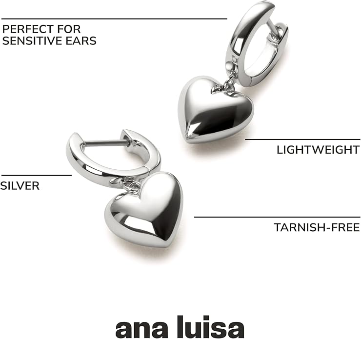 Ana Luisa Puffed Heart Earrings - Heart Charm Huggie Hoops and Earring Stud Styles - Dainty 14K Gold Plated, Silver Rhodium Plated & Mixed Metal Silver & Gold Earrings - Hypoallergenic Water-Resistant