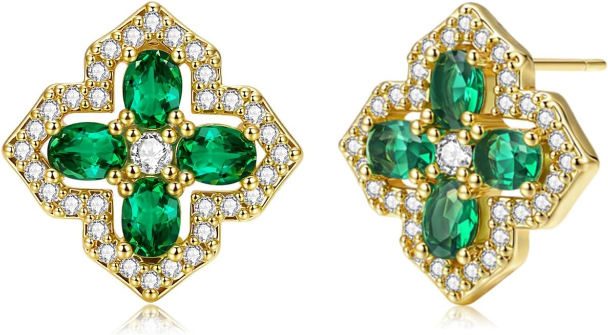 VONSSY Four Leaf Clover Necklace Earrings Shamrock Irish ST Patricks Jewelry Set Gift Green Emerald Zircon Crystal Stud 18k Gold Plated Chain Saint Pendant for Woman Wife Girlfriend