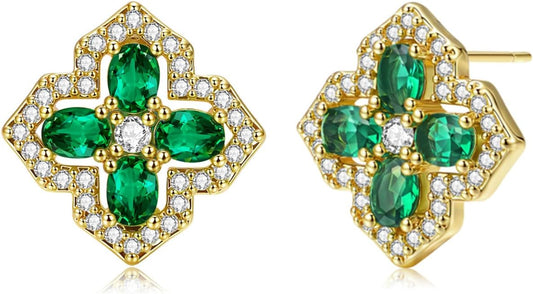 VONSSY Four Leaf Clover Necklace Earrings Shamrock Irish ST Patricks Jewelry Set Gift Green Emerald Zircon Crystal Stud 18k Gold Plated Chain Saint Pendant for Woman Wife Girlfriend