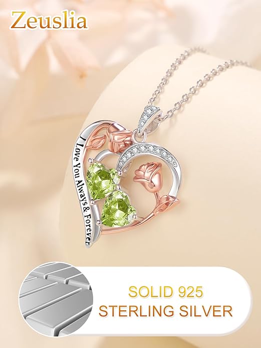 Zeuslia Double Birthstone Necklace Gifts for Wife - 925 Sterling Silver Sunflower/Rose/Crown Cross/Compass/Heart Pendant I Love You Necklace, Anniversary Birthday Gifts for Wife Girlfriend Mom Her