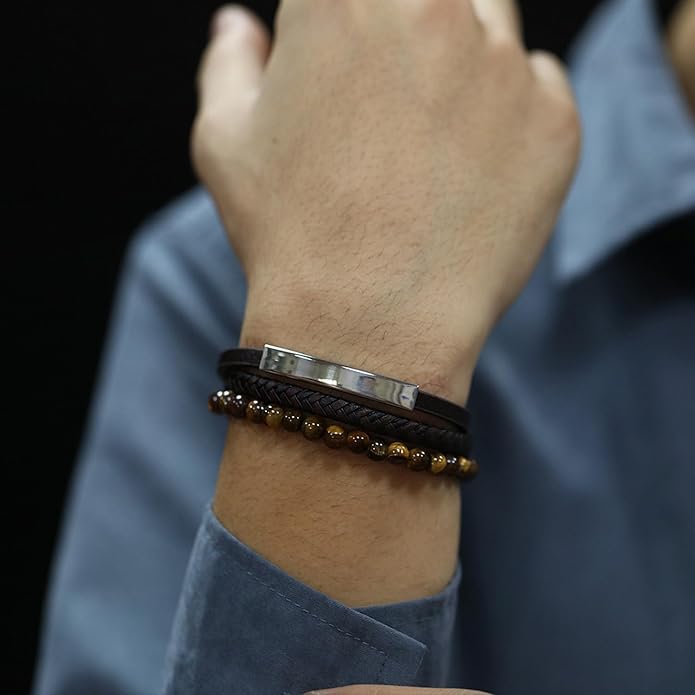 Italian Handmade Genuine Leather Bracelets for Men Stainless Steel Clip, Men's Casual Genuine Multi-layer Cuff Bracelet, Bracelet Gift for Real Men