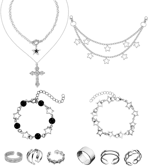 Molirex 12 Pcs Y2k Accessories Set Grunge Layered Necklace, 3 Star Chains with 6 Rings Vintage Silver Jewelry for Women