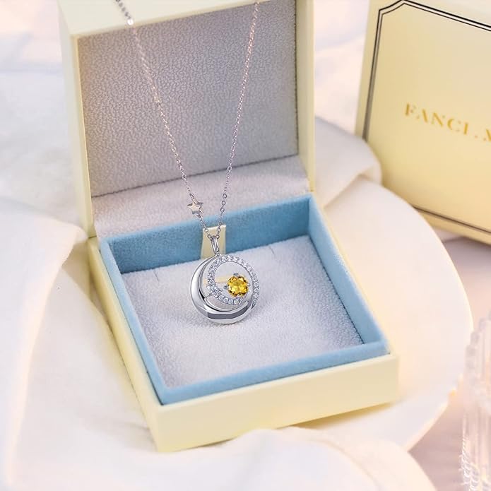 FANCIME Birthstone Necklaces 925 Sterling Silver Moon and Star Pendant Fine Jewelry Birthday Christmas Gifts for Mom Wife Her Daughter, Adjustable Chain 16+2"
