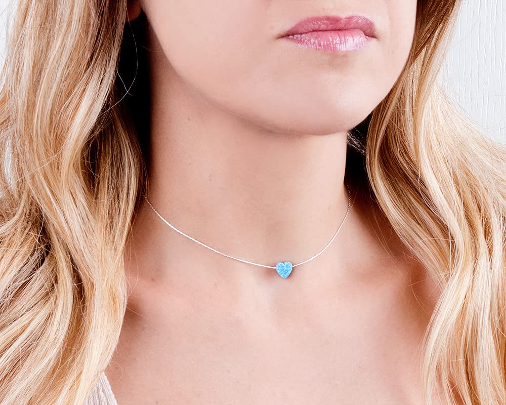 Sterling Silver Choker Necklace with Blue Opal Heart - Designer Handmade Collar Chain for Women- Length: 13.5 inch + 3 inch Extender (sterling silver, blue)
