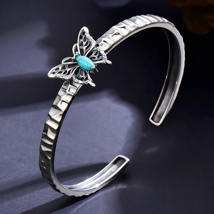Genuine Turquoise Butterfly Bracelet, Sterling Silver Native American Adjustable Boho Bangle Cuff Jewelry for Women, Fit for 6.5 7 7.5 Inches