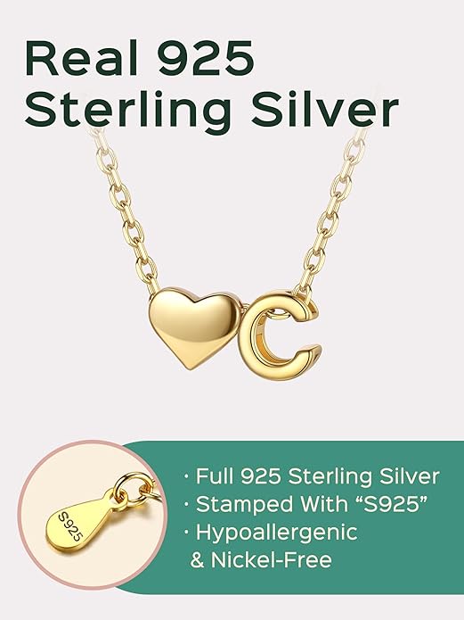 ChicSilver 925 Sterling Silver Heart Initial Necklaces for Women -Dainty Personalized Heart Pendant Letter Alphabet Necklace for Women