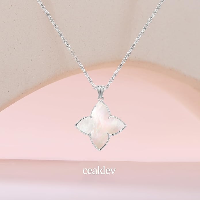 S925 Women's Sterling Silver Pendant Necklace - Classic Mother Pearl Four-Leaf Flower Necklace with Cubic Zircon, Hypoallergenic Fine Jewelry Gift