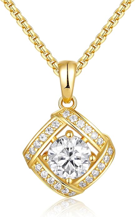 D Color 0.53ct/1.24ct/1.72ct/1.2ct Moissanite Necklace for Women Men, 925 Sterling Silver Chunky Circle/Triangle/Square Pendant, Birthday Christmas Valentines Jewelry, 16-20 Inch Box Chain Adjustable