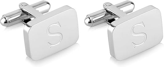 18K White-Gold Plated Initial Engraved Stainless Steel Men’s Cufflinks With Gift Box -Personalized Alphabet Letter’s A-Z By Lux & Pair