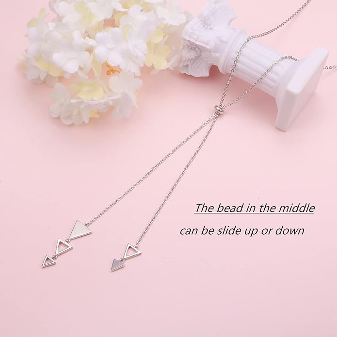 FLYOW Long Chain Dainty Lariat Necklace Simple Style 925 Sterling Silver Heart Pendant Adjustable Y Shaped Necklace Jewelry
