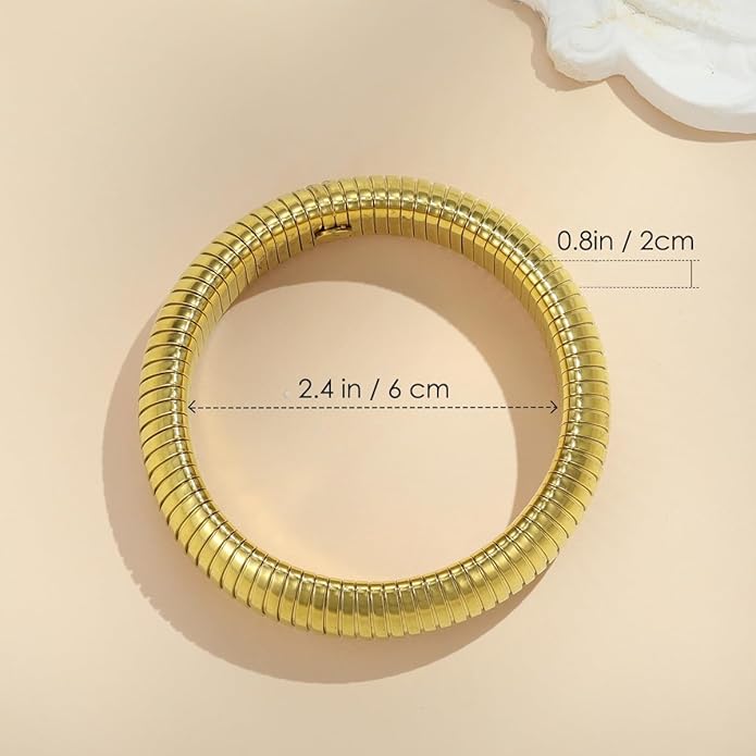 Emibele Gold Bangles Bracelet Set for Women, 18K Gold Plated Chunky Stainless Steel Non Tarnish Stretch Bracelet Stack, Flexible Wide Wristband Bangle Layered Snake Chain Bracelets