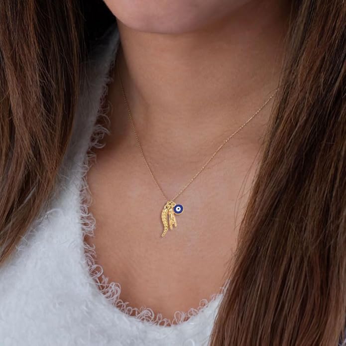 Dainty Blue Evil Eye Charm Horn Pendant Necklace for Women's Spiritual Protection Jewelry 14K Gold Plated