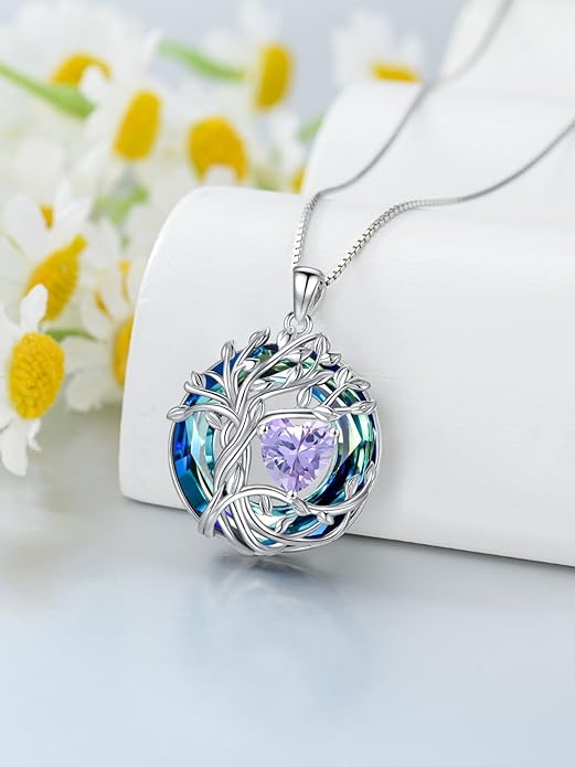 TOUPOP Christmas Gifts Tree of Life Birthstone Necklace 925 Sterling Silver Pendant Austrian Crystal Jewelry Anniversary Birthday Gifts for Women Mom Her Wife