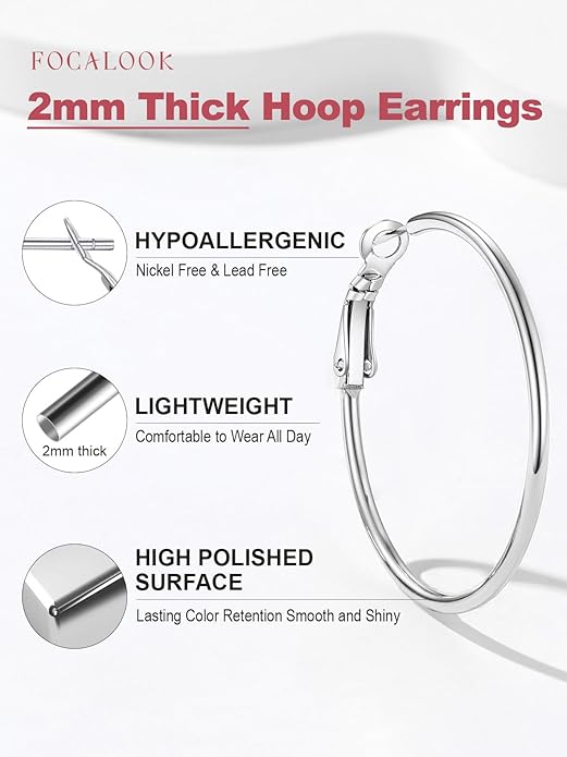 FOCALOOK 14K Gold Plated Lightweight Large Hoops| 2mm Thin Hoop Earrings for Women 30/40/50/70/100mm