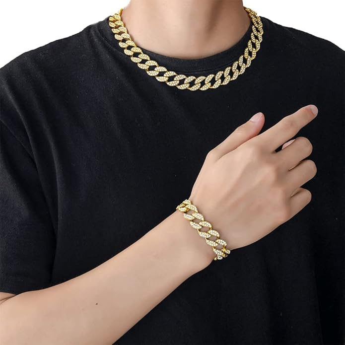 EMESLY Miami Cuban Link Chain 14K Gold Plated Necklace (16, 18, 20, 22, 24, 30 Inches Length); Hip Hop Bracelet (8" Length) for Men & Women; Perfect Iced Out Bling Jewelry Gift