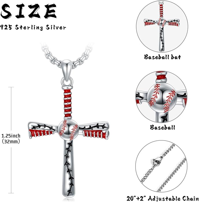 Taioiat Baseball Necklace for Men 925 Sterling Silver Sports Necklace Baseball Cross Necklace Jewelry Gifts for Women Men