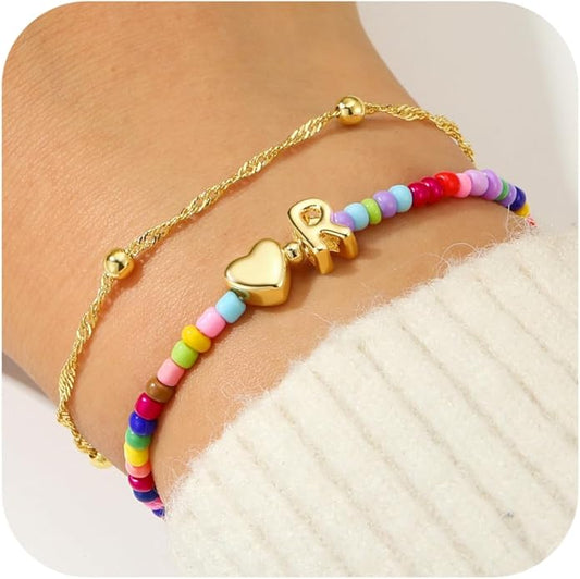Ursteel Colorful Initial Heart Bracelets for Women - 14K Gold Plated Beaded Letter A-Z Bracelet, Layered Stretch Initial Bracelets, Women Trendy Bohemian Jewelry Birthday Gifts