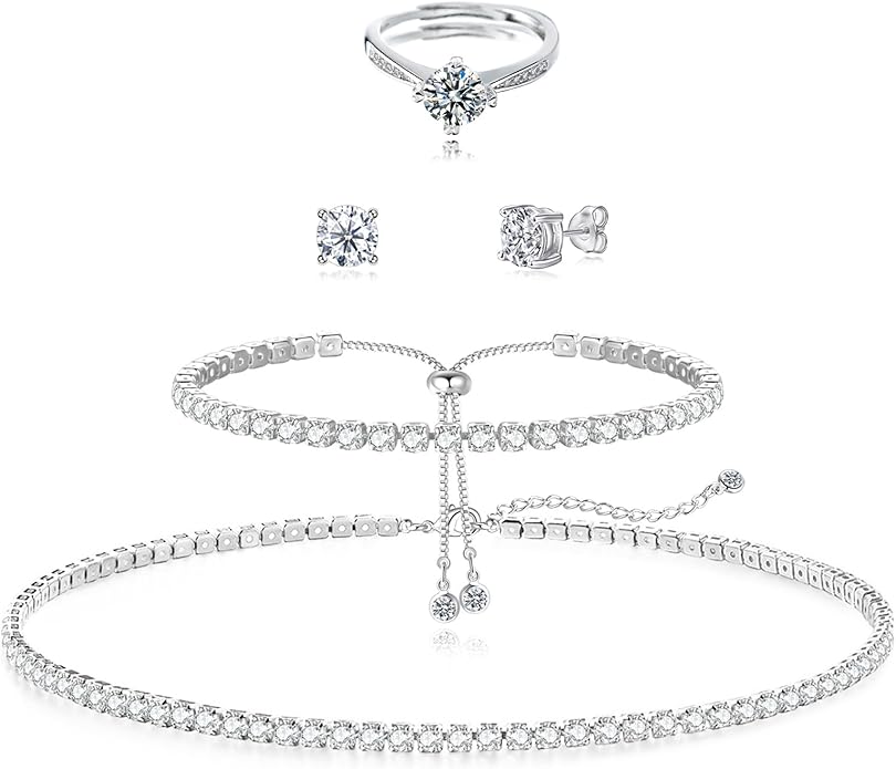 Tennis Necklace Bracelet for Women, Sterling Sliver, Dainty Chocker Necklace, Crystal Bracelet for Women, Wedding Jewelry for Bride, Sparkly Party Prom Hypoallergenic