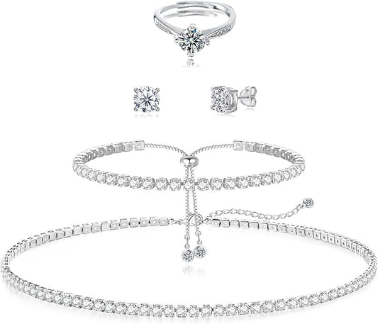 Tennis Necklace Bracelet for Women, Sterling Sliver, Dainty Chocker Necklace, Crystal Bracelet for Women, Wedding Jewelry for Bride, Sparkly Party Prom Hypoallergenic