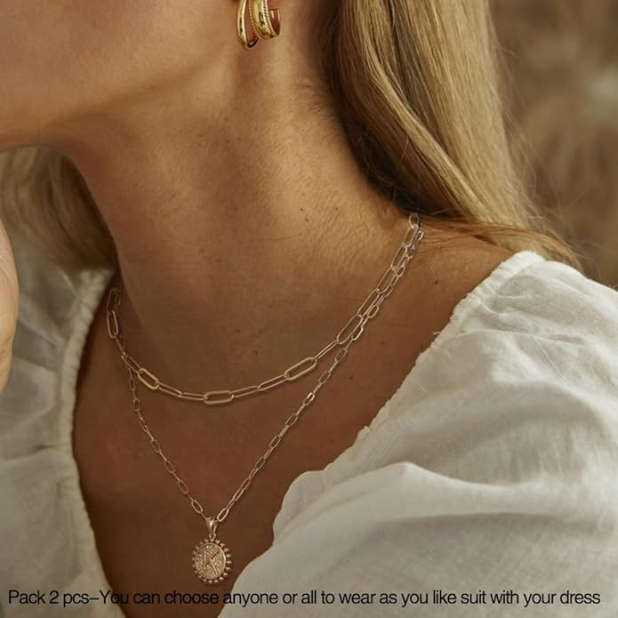 Ursteel Layered Initial Necklaces for Women, 14K-Gold-Plated Dainty Layering Paperclip Chain Necklaces for Women Jewelry