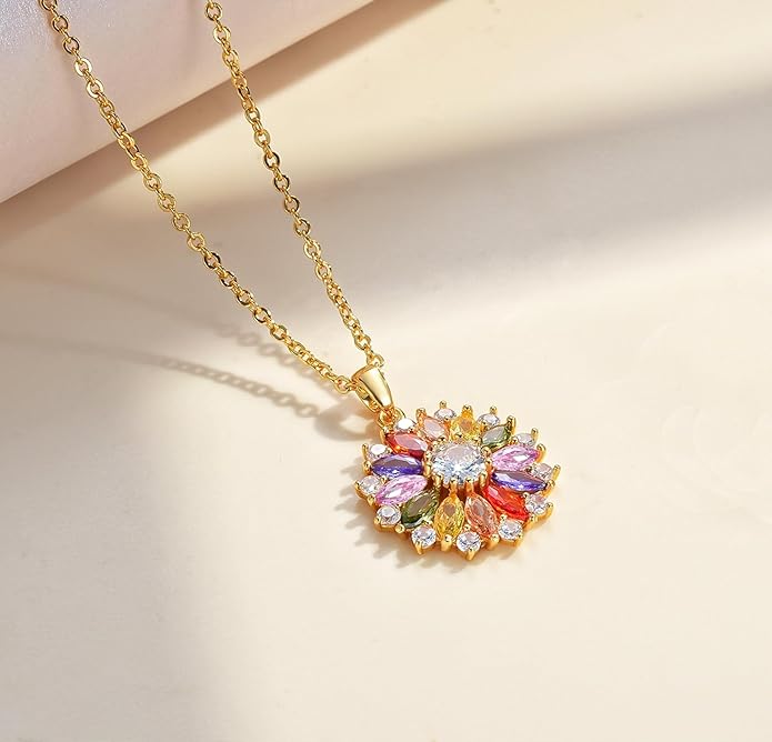 VONSSY Colorful Snowflake Pendant Necklace Earrings Rose Gold 5A Cubic Zirconia | Crystal Sweater Chain | Multi Gemstone Garnet Amethyst Morganite Peridot Prom Rhinestone Necklaces for Women Vintage Stylish Gift