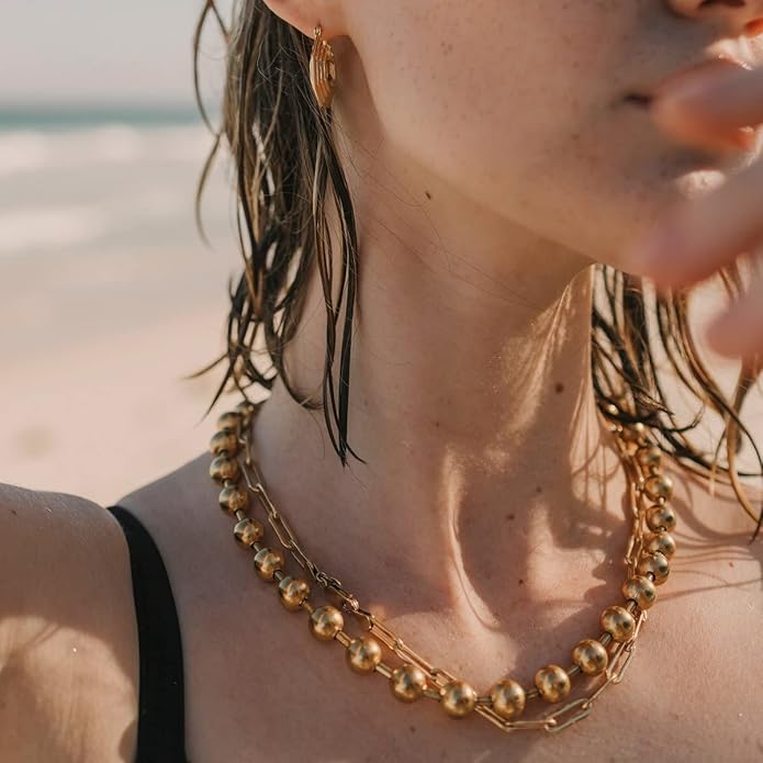 Statement Gold Beads Necklace for Women Vintage Gold Beaded Strand Chain Necklace Fashion Jewelry for Women